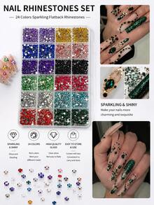 Juego de 24 cuadrículas de strass para uñas, strass brillantes de base plana, gemas de vidrio multicolor para uñas, decoraciones de manicura DIY - una caja - Ver 1