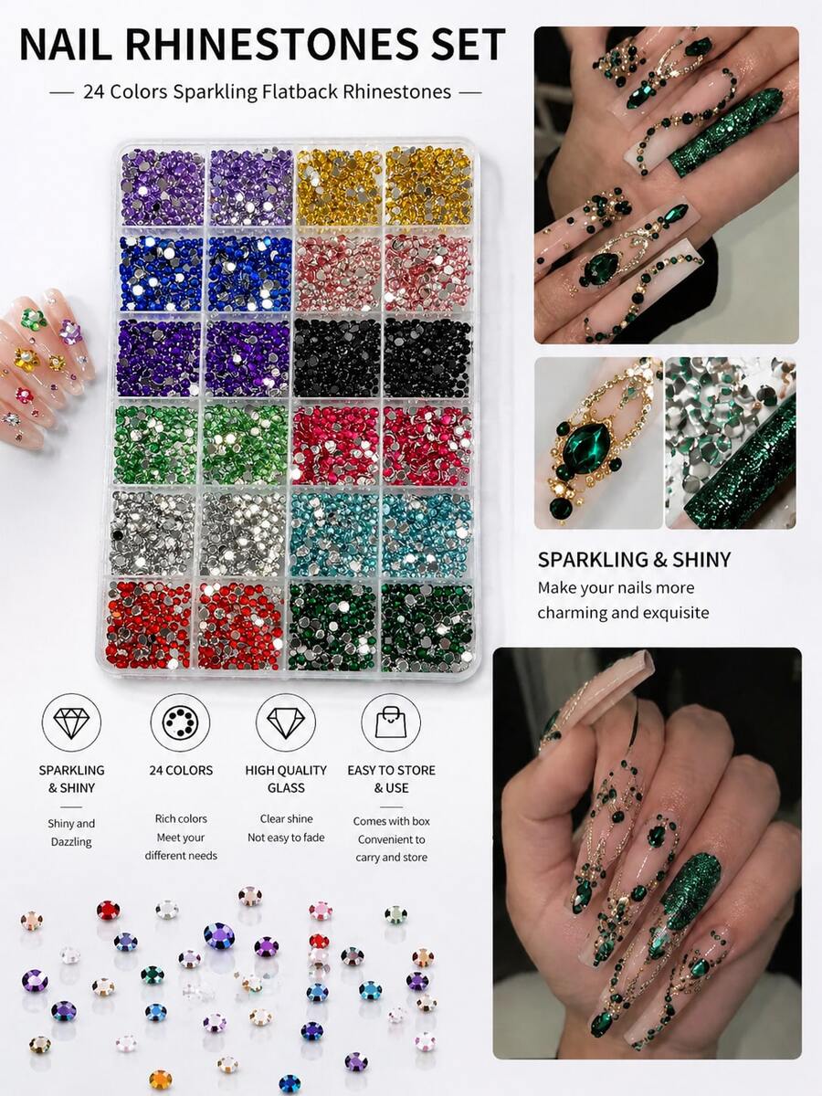 Juego de 24 cuadrículas de strass para uñas, strass brillantes de base plana, gemas de vidrio multicolor para uñas, decoraciones de manicura DIY - una caja - Ver 1