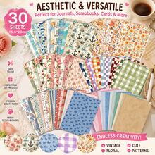 30 Folhas de Papel para Scrapbook com Estampa Floral Vintage Colorida e Xadrez, Papel de Bottom Náutico Oceânico, Papel Artesanal para Decoração de Diário de Scrapbook, Primeiro Dia de Aula - Multicolorido - Visão 7