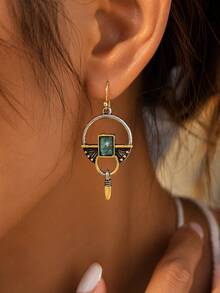 1 Pair Vintage Dual-Tone Gold & Silver Geometric Open Hoop Pendant Earrings, Inlaid Rectangular Green Rhinestone Long Hook Earrings, Bohemian Vintage Statement Jewelry, Suitable For Daily Wear, Party, Gift - Multicolor - View 3