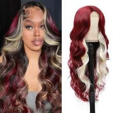 Red, Brown, Gold, Black Skunk Striped Highlights, Burgundy Gradient, 13x4 High-Density Body Wave HD Lace Front-Top Wig, Pre-Trimmed Hairline. - Red, Brown, Gold, and Black Skunk Stripes Highlighted - View 11