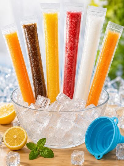 50-200PCS Disposable Ice Pop Bags, 11.02 X 2.17in PE Self-Sealing Freezer Pop Sleeves With Free Collapsible Silicone Funnels, Leak-Resistant Ba