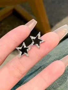 1對黑白星形耳釘，五角星耳環女款，Ins高端設計，學生校園飾品配件 - 黑色耳針一對 - 查看 3