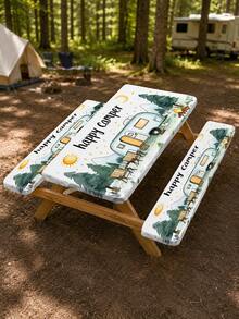 1/3pcs Elastic Picnic Table Cover With Stool Cover Set, Reusable Elastic-Edged Tablecloth, Tabletop Protection For Happy Campers And RVs, Durable Tablecloth For RV Travel And Backyard Dining. - Multicolor - View 4