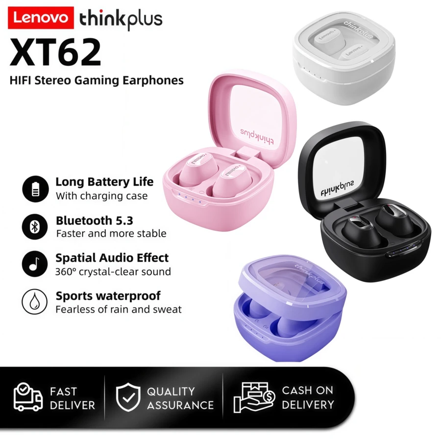 Lenovo XT62 藍牙 5.3 無線耳機 HiFi 運動降噪 附麥克風 觸控控制 TWS 原裝耳機 - 查看 1