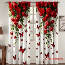 2 pièces Rideaux imprimés unilatéraux de roses rouges et papillons, style romantique de luxe, rideaux imprimés plats 2D, tissu 100% polyester, translucide, sans doublure, 90g/M², rideaux floraux, convient pour la décoration du salon, de la chambre, du balcon et des fenêtres, rideaux à poche pour tringle, rideaux uniquement, accessoires non inclus - Multicolore - Voir 10