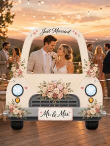 1pc-Just Married Photo Booth Frame, Wedding Car Selfie Frame Backdrop Cutout, Romantic Rose Floral Picture Prop Banner For Bridal Shower Engagement Party Decor - 1pc - View 1