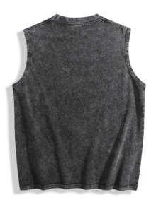 Sleeveless Printed Oversized T-Shirt, Y2K Style Street Fashion Men's Washed Vest (220g Pure Cotton), Vintage Pattern Fun Print, Hip-Hop Style - 黑色 - 查看 2