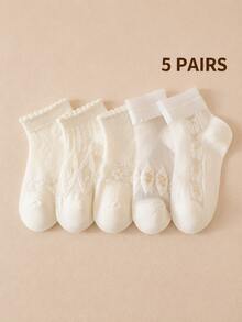 5 pares de calcetines cortos para niñas color blanco roto con encaje, bordado floral, malla patchwork, pompones, volantes y tejido calado - Multicolor - Ver 4