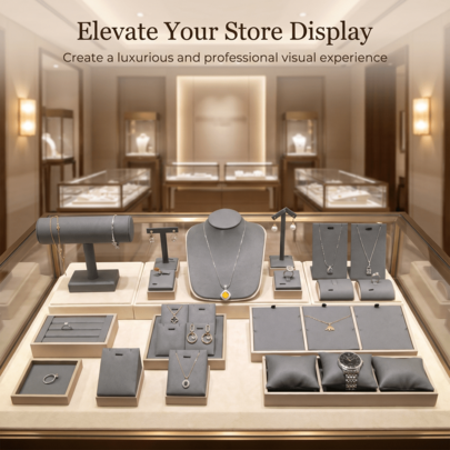 1 pieza Juego de exhibición de joyería de microfibra gris - Sistema de exhibición completo para collares, pendientes, anillos & relojes - Ideal para tiendas minoristas, transmisiones en vivo & fotografía de joyería