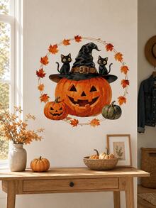 1pc Halloween Horror Pumpkin Witch Hat Black Cat Maple Leaf Window Sticker, Creative Self-Adhesive Removable Double-Sided Visible PVC Glass Decal, Suitable For Living Room Bedroom Dining Room Windows And Door Glass Decoration - A - View 6