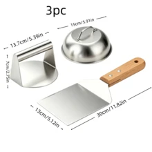 1/2/3件組 BBQ 套組，木柄漢堡壓製器套組，起司融化蓋，不鏽鋼漢堡壓製器與 BBQ 工具配件，適合露營廚師 - A - 查看 3