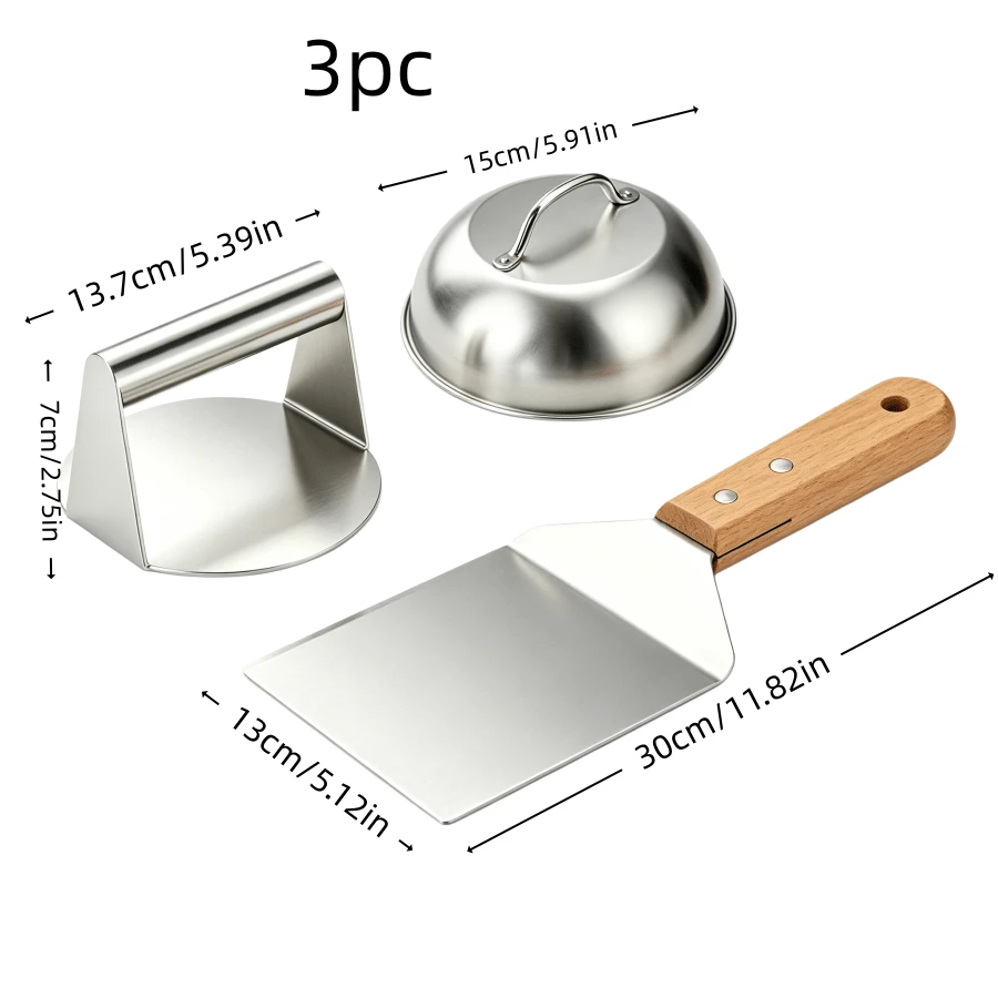 1/2/3pcs BBQ Set, Wooden Handle Burger Press Set, Cheese Melting Lid, Stainless Steel Burger Press And BBQ Tools & Accessories, Suitable For Camping Chefs - A - View 1