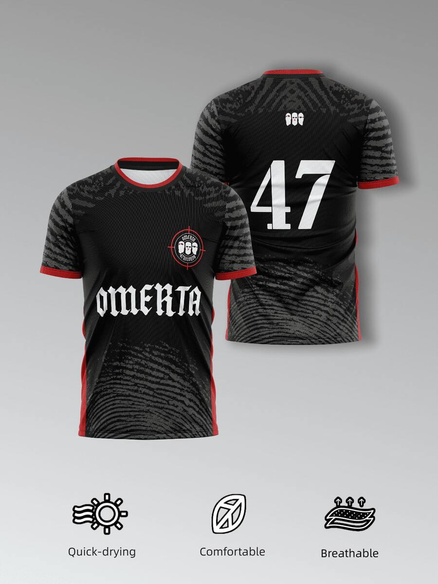 KOVSEE 男士黑色 OMERTA 拳击服 - 速干透气面料,47 码。球迷版训练上衣,适合足球、健身和休闲穿着。夏季运动 - 黑色 - 查看 1