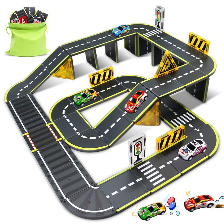 26/45pcs Magnetic Building Blocks City Road Set With Cars, Children's Toys STEM Magnetic Toys, Suitable For Boys And Girls Christmas/Halloween/Thanksgiving Gifts, Random Colors, Random Styles