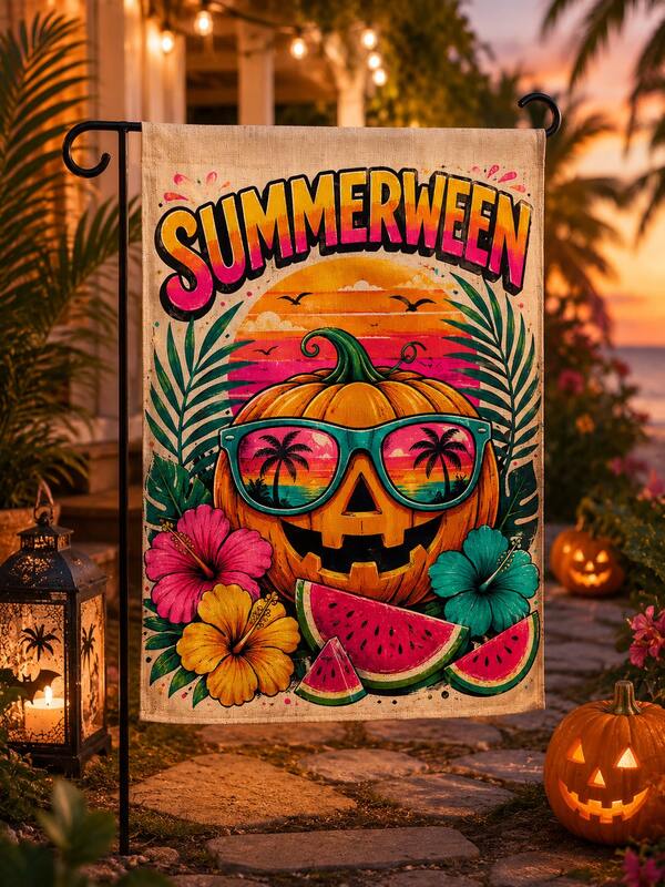 Summerween Garden Flag, Double-Sided Linen Yard Flag , Tropical Pumpkin Fashion Glasses Watermelon Palm Leaf Print, Halloween Outdoor Porch Patio Lawn Decor, Spooky Summer Party Welcome Banner For Home Garden, Flag Pole Not Included