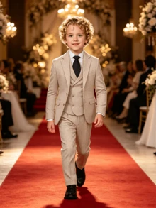 男童羊毛三件套西裝，幼童燕尾服正式穿著，花童套裝，婚禮西裝外套、背心、長褲，香檳色，3-8歲 - 香檳色 - 查看 9