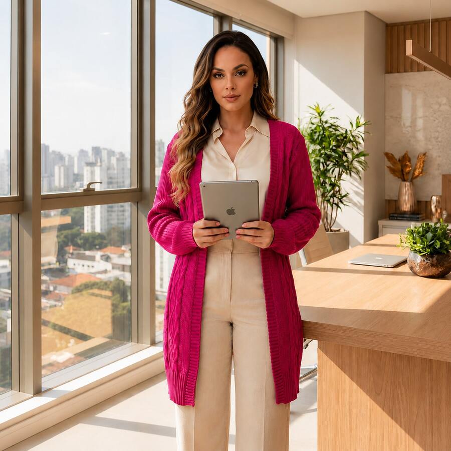 Casaco Básico Feminino Cardigan Elegante Moda Evangélica - ROSA - Visão 1