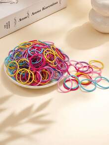 100pcs Women's Colorful Elastic Hair Bands And Small Finger Rings, Daily Casual Hair Accessories For Back To School Season - 彩色 - 查看 3