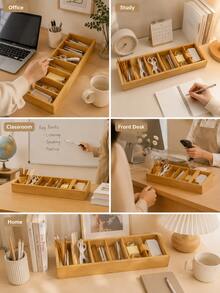 7 Compartments Wooden Desktop Storage Box For Pens, Pencils, Scissors, Sticky Notes, Office Supplies, Cosmetics, Craft Accessories, Drawer Organizer, Home Office Desk Organizer, Dorm Room, Classroom, Vanity Storage, Minimalist Workspace Decor - View 2