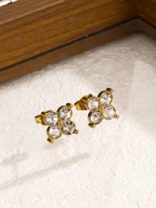 1 Pair 18K Gold Plated 304 Stainless Steel Clover Rhinestone Stud Earrings, Hypoallergenic, Versatile For Daily Commute, Everyday Wear And Holiday Gift - Yellow Gold - View 2