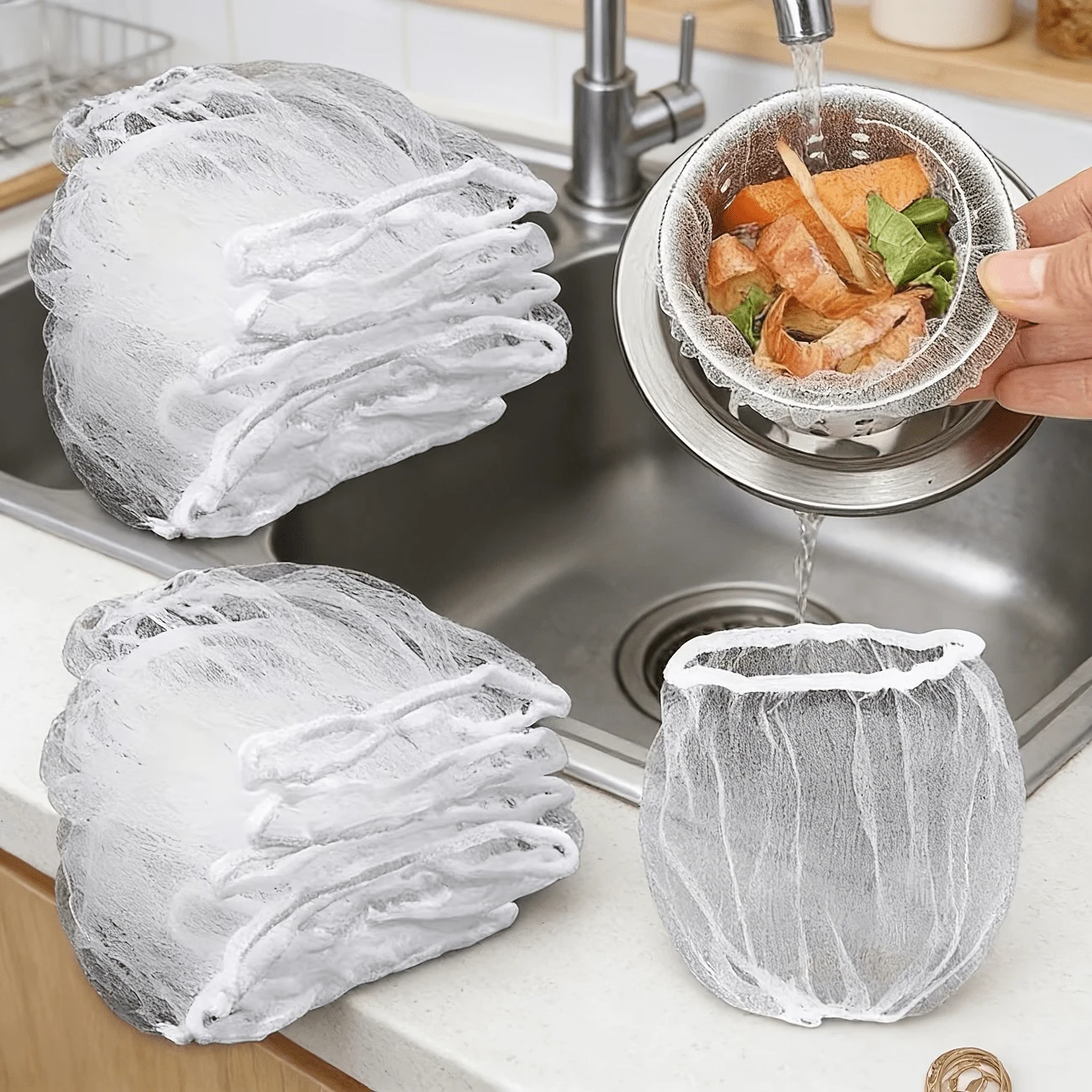Bolsas de Filtro de Malla Elástica para Fregadero - Protectores Desechables Anti-Obstrucción para Cocina & Lavado de Verduras, Separación de Basura, Limpiador de Drenaje Fácil, Suministros de Limpieza Esenciales