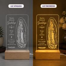 Luminária Noturna Acrílica Nossa Senhora de Guadalupe, Presente Católico Cristão para Mãe, Lâmpada LED Religiosa com Base de Madeira, Decoração de Quarto com Fé, Presente Significativo para Mulheres e Famílias - luz branca quente - Visão 4
