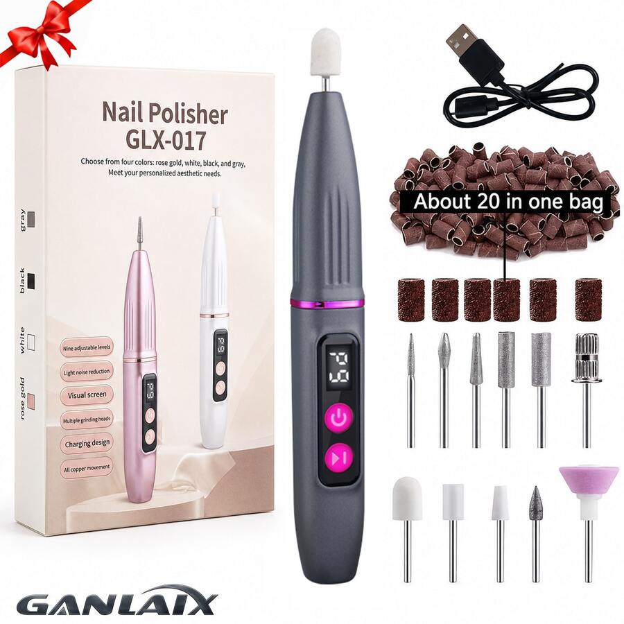 GANLAIX 專業美甲修甲機套組，USB 充電式美甲磨甲機，300mAh 大容量鋰電池，美甲與足部護理套組，家用與沙龍美甲磨甲套組，美甲拋光墊，美甲與足部護理拋光工具