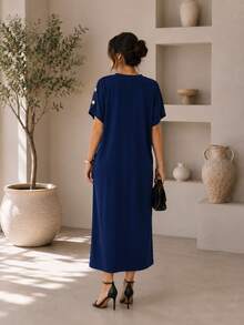 Women's Fashionable Versatile Solid Color Batwing Sleeve Casual Dress - Navy Blue - View 2