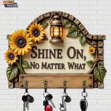 2D Flat, 1pc, Sunflower Welcome Key Hook, Wooden Multi-Functional Home Key Rack, Includes Four Metal Hooks, Wall Decor, Porch Decor, Room Decor, Villa Decor, Seasonal Home Hanging Rack Decor - Multicolor - View 3