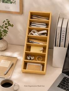 7 Compartments Wooden Desktop Storage Box For Pens, Pencils, Scissors, Sticky Notes, Office Supplies, Cosmetics, Craft Accessories, Drawer Organizer, Home Office Desk Organizer, Dorm Room, Classroom, Vanity Storage, Minimalist Workspace Decor - View 10