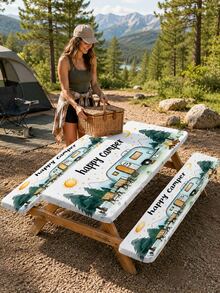 1/3pcs Elastic Picnic Table Cover With Stool Cover Set, Reusable Elastic-Edged Tablecloth, Tabletop Protection For Happy Campers And RVs, Durable Tablecloth For RV Travel And Backyard Dining. - Multicolor - View 3