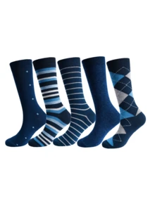 New 5 Pairs Men's Mid-Calf Socks, Sweat-Absorbing Odor-Resistant All-Season Business British Style Multi-Pattern Versatile Comfortable Socks, Perfect Gift For Family - Multicolor - View 2