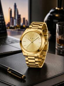 BIDEN 1pc Men's Waterproof Stainless Steel Strap Analog Quartz Watch, Simple Business Watch, Gift For Men - Gold - View 2