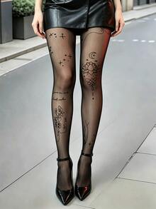 1 Pair Lotus Tattoo Pattern Dark Black Ultra-Thin Line Pattern Stockings, Vintage Gothic Style Women's Dress Matching Decorative Socks - Multicolor - View 8
