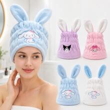 MINISO Sanrio 1件裝兔耳毛絨洗髮帽，可愛卡通超吸水快乾髮巾，柔軟洗浴頭巾帽，適用於淋浴、SPA、旅行、居家 - 彩色 - 查看 1