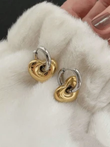 Boucles d'oreilles en forme de cœur bicolores or/argent vintage en acier inoxydable 304 imperméable, matériau hypoallergénique, convient pour le port quotidien des femmes, parfait pour la Saint-Valentin, la Fête des Mères, cadeau pour maman ou comme cadeau - Doré - Voir 3