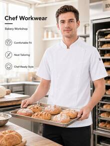 White Short Sleeve Chef Uniform - Polyester, Machine Washable Fabric, Solid Color Stand Collar Design, Suitable For Kitchen, Bakery, Restaurant, School Cafeteria Chef Accessories - White - View 4