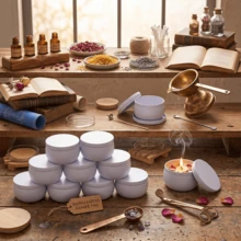 Juego de 8 piezas elegante de fabricación de velas blanco puro, frascos de velas vacíos con tapas y 50 accesorios DIY hechos a mano, adecuado para velas hechas a mano, manualidades padres e hijos, proyectos de aula, recuerdos de boda, almacenamiento de artículos pequeños y decoración del hogar - 8 juegos/58 piezas - Ver 2