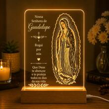 Luminária Noturna Acrílica Nossa Senhora de Guadalupe, Presente Católico Cristão para Mãe, Lâmpada LED Religiosa com Base de Madeira, Decoração de Quarto com Fé, Presente Significativo para Mulheres e Famílias - luz branca quente - Visão 12