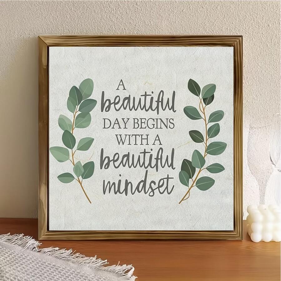2D flaches Holzschild, inspirierende Wandkunst - "Ein schöner Tag beginnt mit einer schönen Einstellung" Zitat, moderne minimalistische Holz-Wanddekoration, für Wohnzimmer, Schlafzimmer oder Bürodekoration, bringt Ruhe und Motivation, inspirierende Wanddekoration - Verschiedenfarbig - Übersicht 1
