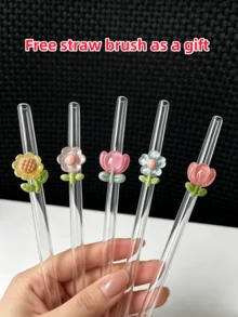 Transparent Borosilicate Glass Straws With Five Different Floral Combination Designs,Reusable And Cute,Includes A Cleaning Brush.Ideal For Cold Drinks, Smoothies, Sparkling Water, Milk Tea & Juices, Perfect For Parties, Picnics,Perfect Gift For Girls - View 4