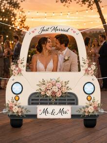 1pc-Just Married Photo Booth Frame, Wedding Car Selfie Frame Backdrop Cutout, Romantic Rose Floral Picture Prop Banner For Bridal Shower Engagement Party Decor - 1pc - View 5
