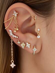 8Pcs Multi Pack Tiny Gold CZ Cartilage Stud Earrings, Dangle Chain Cubic Zirconia Tragus Helix Piercing Jewelry For Women Girls Multiple Ear Piercings - Yellow Gold - View 1