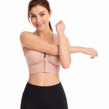 Sport Solid Front Zipper Racerback Cutout Back Sports Bra, Wirefree Removable Padded Shockproof Yoga Gym Workout Tank Top - Pink - View 2