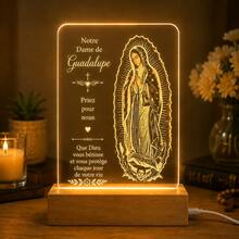 Luminária Noturna Acrílica Nossa Senhora de Guadalupe, Presente Católico Cristão para Mãe, Lâmpada LED Religiosa com Base de Madeira, Decoração de Quarto com Fé, Presente Significativo para Mulheres e Famílias - luz branca quente - Visão 10