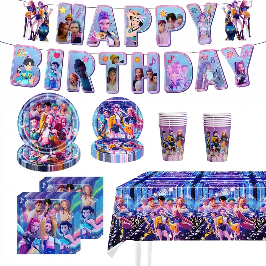 51pcs K-POP Girl Group Theme Party Back To School Costume Set, Suitable For 10 People, Disposable Birthday Party Tableware Including Plates, Cups And Napkins. Holiday Decoration Supplies, Suitable For Camping, Picnic, Backyard BBQ And Party Decoration, Also Ideal Decoration For Halloween, Christmas And Party, And A Great Surprise Gift For Fans. - Multicolor - View 1