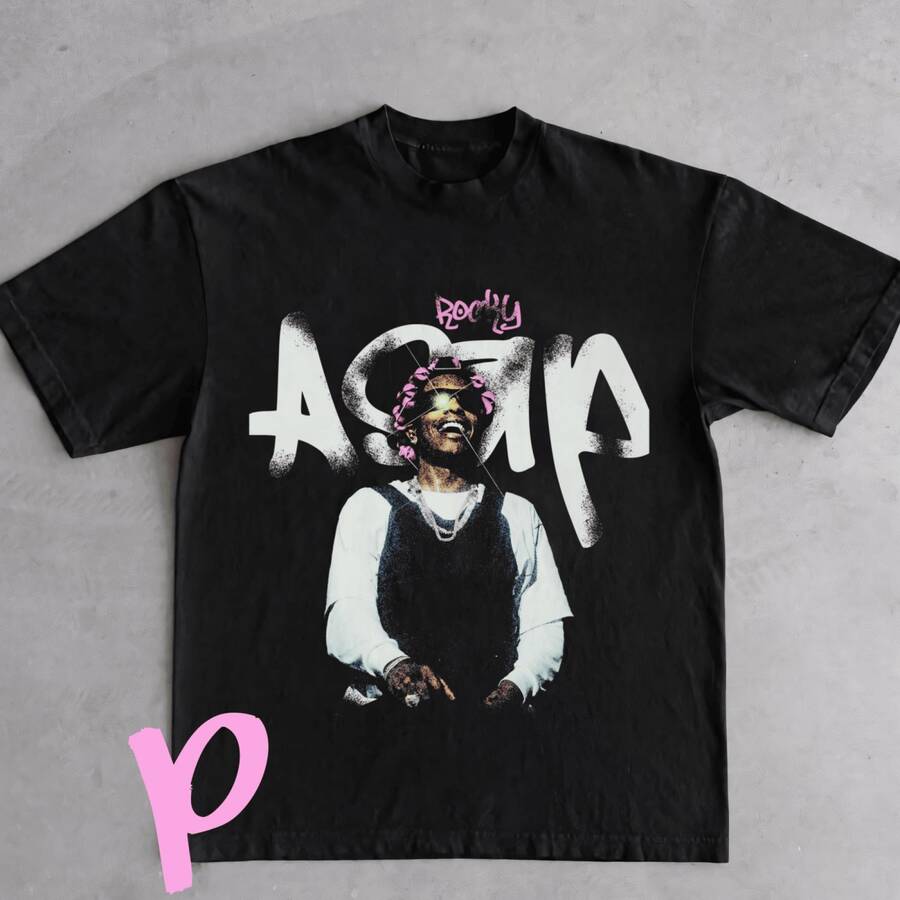 تي شيرت جرافيك ASAP Rocky موحد لحفلات الراب - الأسود - مشاهدة 1