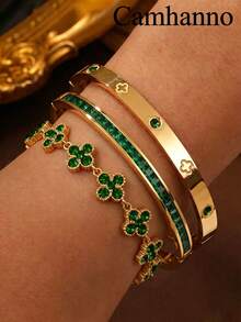 Camhanno 3pcs/1pc Luxury Three-Color Zirconia Four-Leaf Clover 3 PiecesBracelet & Bangle Set, 18K Gold Plated Stainless Steel, Hypoallergenic, Non-Fading, Waterproof, Rust-Resistant Women's Accessories - Gold 3 - View 2