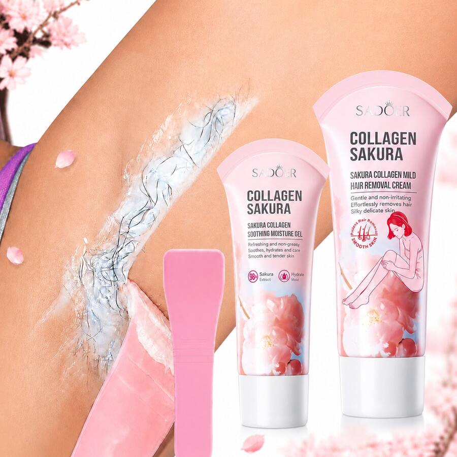 SADOER 1盒/2件組櫻花膠原蛋白除毛套組,含保濕凝膠,無痛不刺激,快速除毛不殘留不留黑點,舒緩乾燥緊繃肌膚,適用腋下、手臂與腿部,男女通用,送給女性與女孩的完美禮物 - 多色 - 查看 1